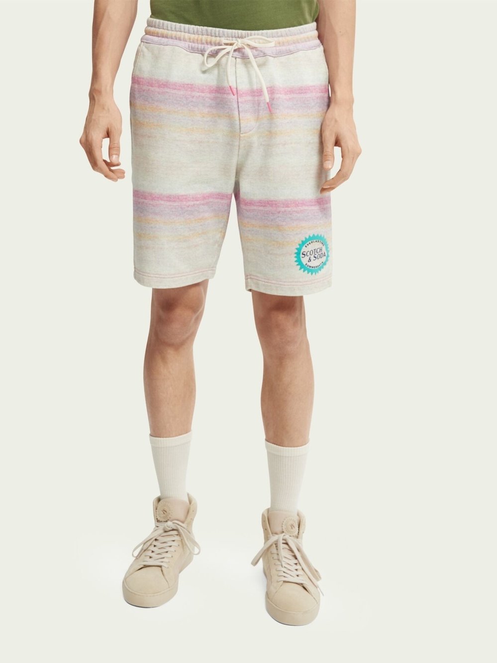 Scotch & Soda Cream Terry Shorts with Pastel Rainbow Stripes